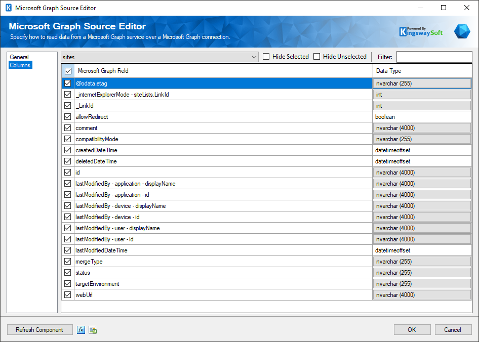 SSIS Microsoft Graph Source Component - Columns